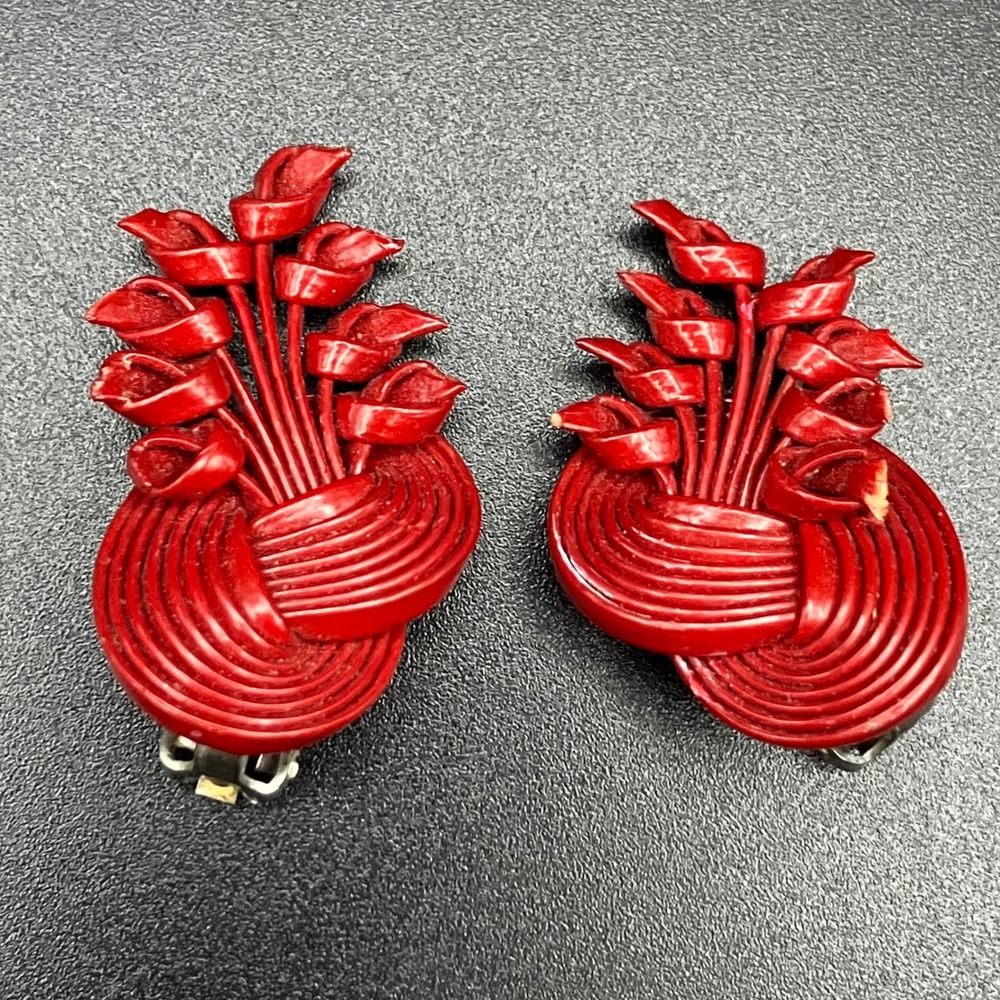 Vintage Celluloid Clip On Earrings Dark Red Floral Spray Ear Climber 1.45"